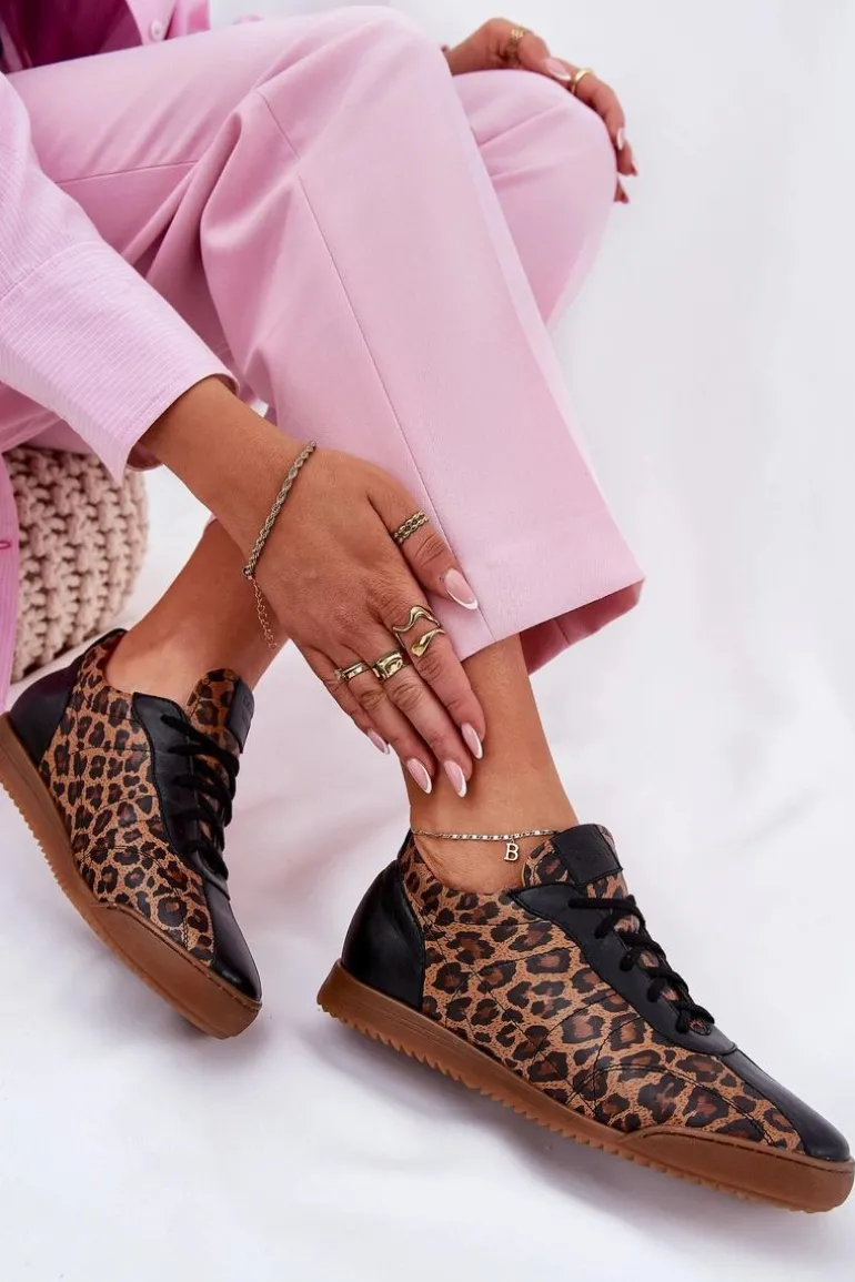 Skórzane Buty Sportowe Damskie W Panterkę Laura Messi 2935 Brązowe