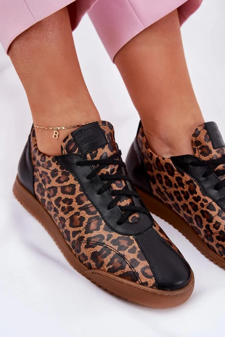 Skórzane Buty Sportowe Damskie W Panterkę Laura Messi 2935 Brązowe