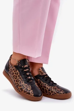 Skórzane Buty Sportowe Damskie W Panterkę Laura Messi 2935 Brązowe