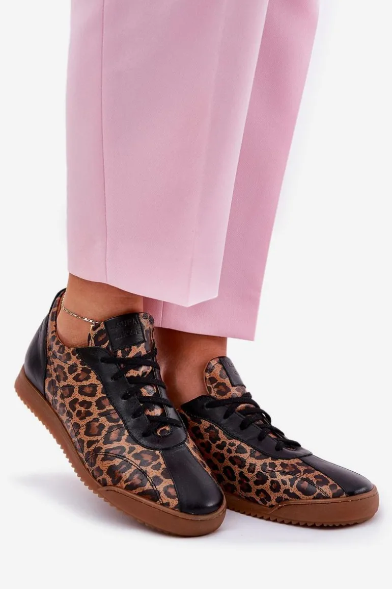 Skórzane Buty Sportowe Damskie W Panterkę Laura Messi 2935 Brązowe