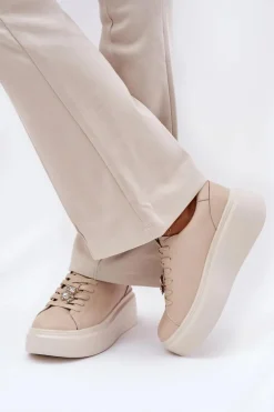 Skórzane Buty Sportowe Damskie Na Platformie Z Przypinką Vinceza 39922 Beżowe