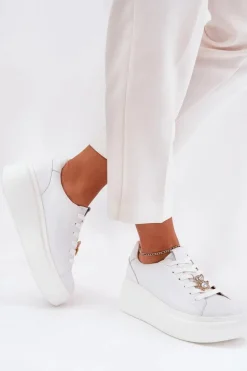 Skórzane Buty Sportowe Damskie Na Platformie Z Przypinką Vinceza 39922 Białe