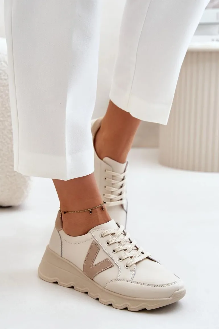 Skórzane Buty Sportowe Damskie Vinceza 7918 Beżowe