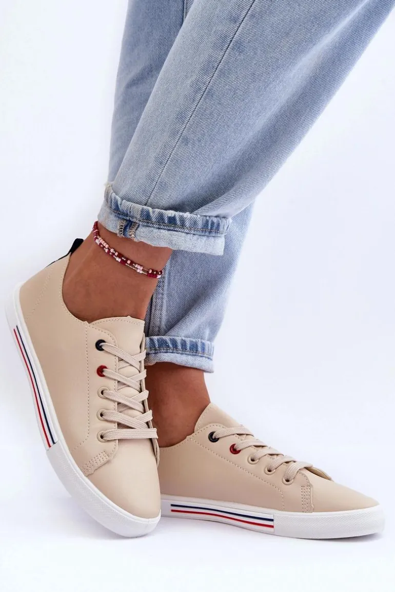 Skórzane Buty Sportowe Damskie Beżowe Mossaia