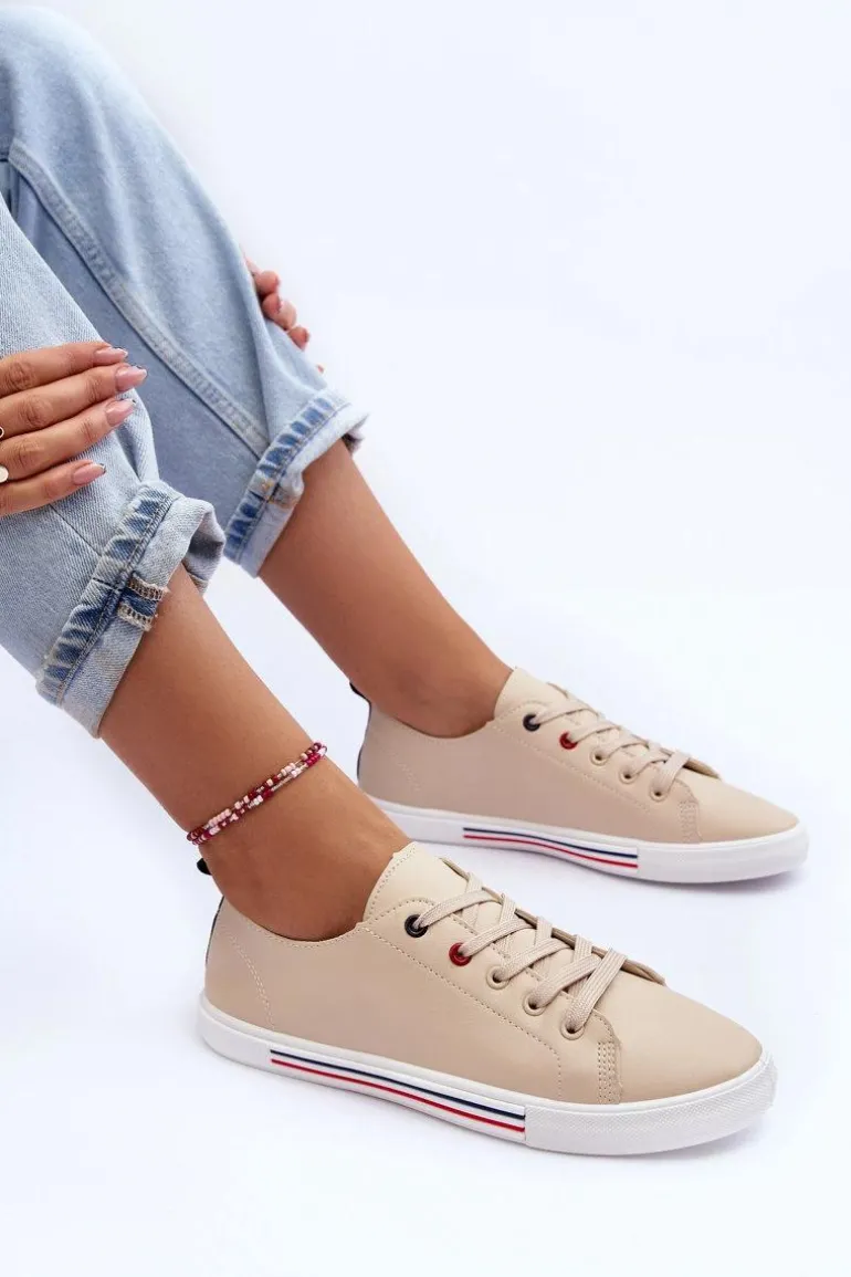 Skórzane Buty Sportowe Damskie Beżowe Mossaia