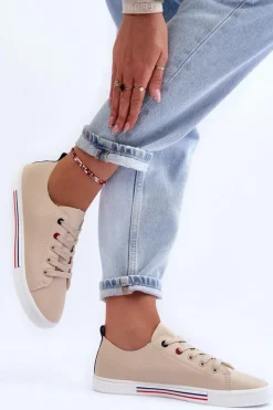 Skórzane Buty Sportowe Damskie Beżowe Mossaia