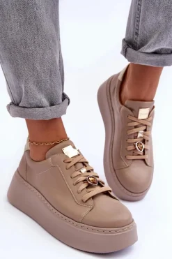 Skórzane Buty Sportowe Na Platformie Maciejka 06191-04 Beżowe