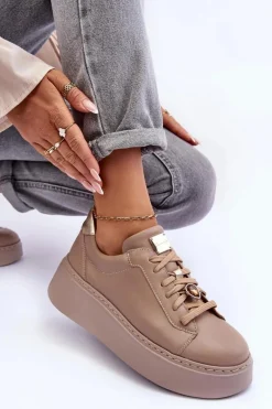Skórzane Buty Sportowe Na Platformie Maciejka 06191-04 Beżowe