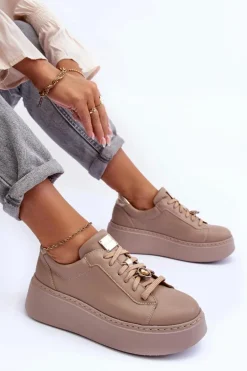 Skórzane Buty Sportowe Na Platformie Maciejka 06191-04 Beżowe