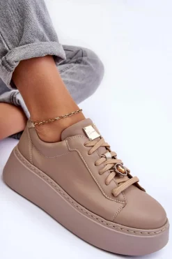 Skórzane Buty Sportowe Na Platformie Maciejka 06191-04 Beżowe