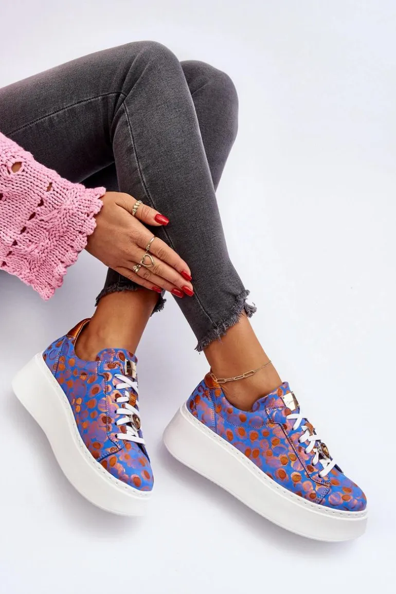 Skórzane Buty Sportowe Na Platformie Maciejka 06191-06 Niebieskie