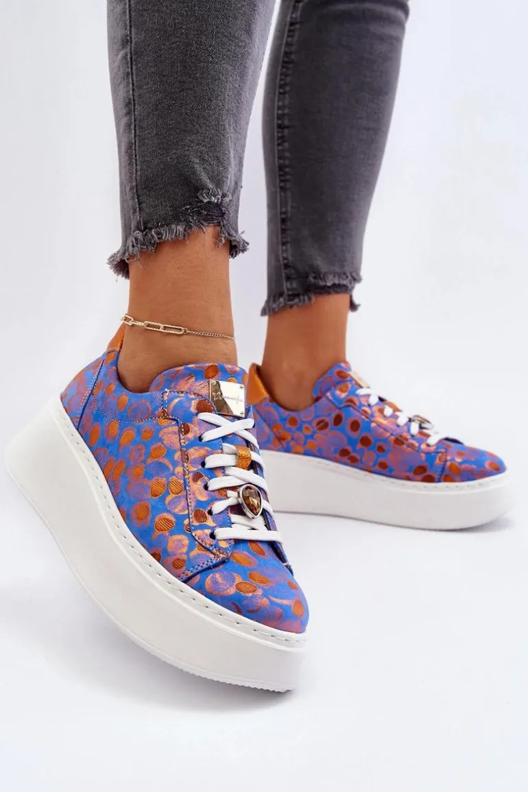 Skórzane Buty Sportowe Na Platformie Maciejka 06191-06 Niebieskie