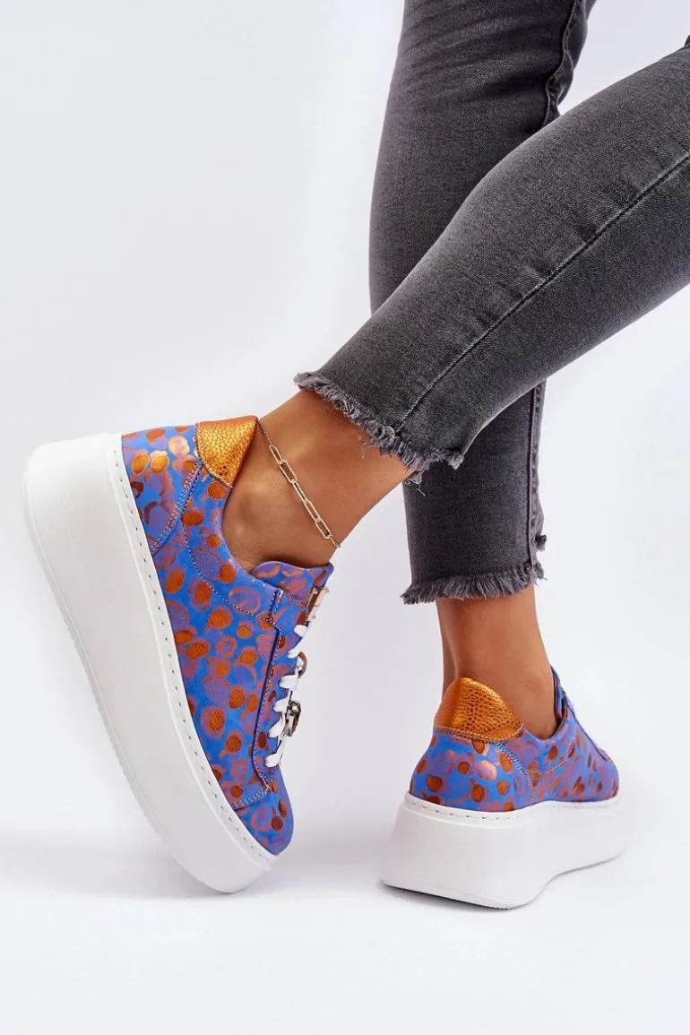 Skórzane Buty Sportowe Na Platformie Maciejka 06191-06 Niebieskie