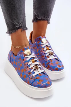 Skórzane Buty Sportowe Na Platformie Maciejka 06191-06 Niebieskie