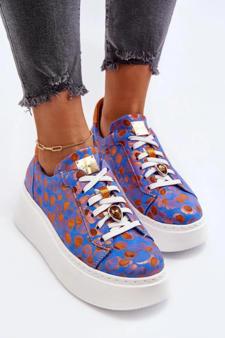 Skórzane Buty Sportowe Na Platformie Maciejka 06191-06 Niebieskie