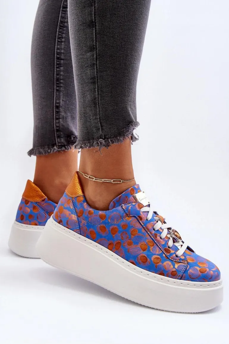 Skórzane Buty Sportowe Na Platformie Maciejka 06191-06 Niebieskie