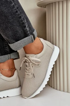 Skórzane Buty Sportowe Na Platformie Z Brokatem D&A LR51-629 Beżowe