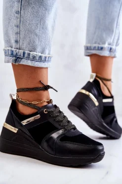 Skórzane Buty Sportowe Na Koturnie Czarne Rayana