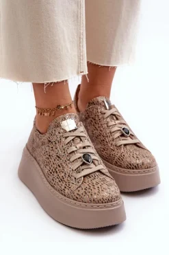 Skórzane Buty Sportowe Na Platformie Maciejka 06191-10 Beżowe