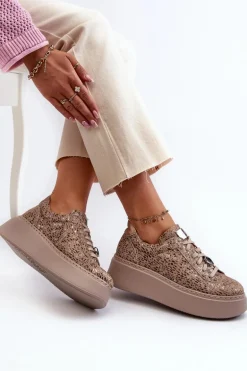 Skórzane Buty Sportowe Na Platformie Maciejka 06191-10 Beżowe