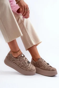 Skórzane Buty Sportowe Na Platformie Maciejka 06191-10 Beżowe
