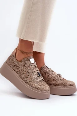 Skórzane Buty Sportowe Na Platformie Maciejka 06191-10 Beżowe