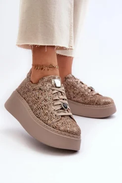 Skórzane Buty Sportowe Na Platformie Maciejka 06191-10 Beżowe
