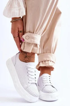 Skórzane Buty Sportowe Na Masywnej Platformie Białe Montigo