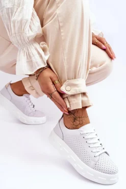 Skórzane Buty Sportowe Na Masywnej Platformie Białe Montigo