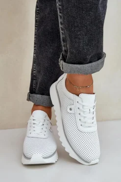 Skórzane Buty Sportowe Na Platformie Z Brokatem D&A LR51-629 Białe