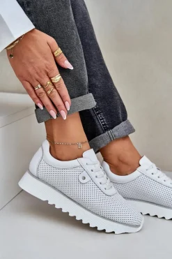 Skórzane Buty Sportowe Na Platformie Z Brokatem D&A LR51-629 Białe