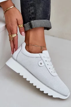 Skórzane Buty Sportowe Na Platformie Z Brokatem D&A LR51-629 Białe