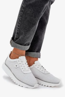 Skórzane Buty Sportowe Na Platformie Z Brokatem D&A LR51-629 Białe