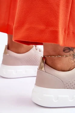 Skórzane Buty Sportowe Na Masywnej Platformie Beżowe Montigo