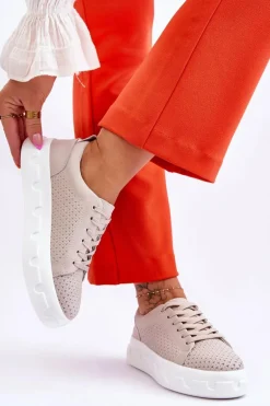 Skórzane Buty Sportowe Na Masywnej Platformie Beżowe Montigo