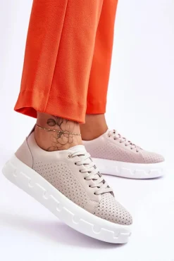 Skórzane Buty Sportowe Na Masywnej Platformie Beżowe Montigo