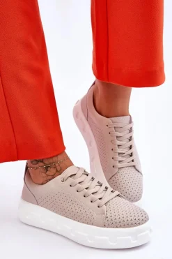 Skórzane Buty Sportowe Na Masywnej Platformie Beżowe Montigo