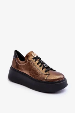Skórzane Buty Sportowe Na Platformie Maciejka 06191-24 Miedziane
