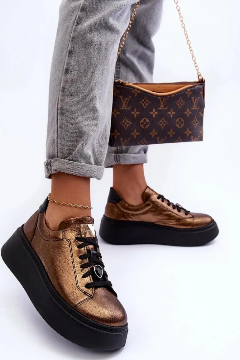 Skórzane Buty Sportowe Na Platformie Maciejka 06191-24 Miedziane