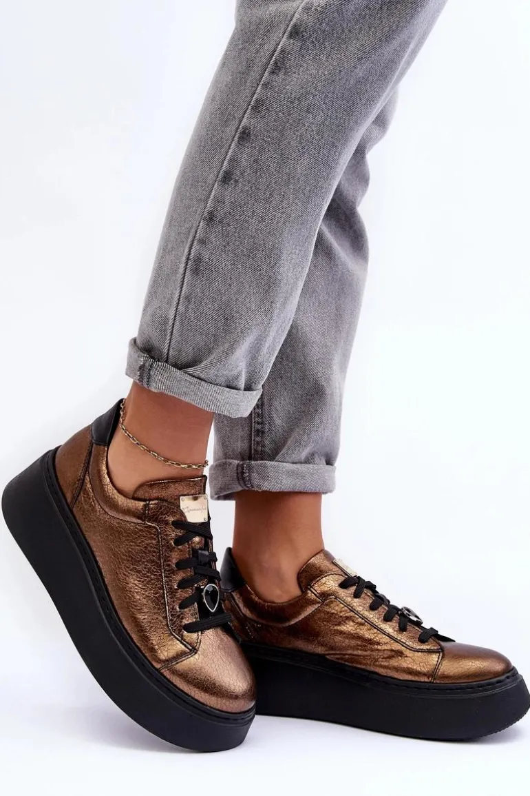 Skórzane Buty Sportowe Na Platformie Maciejka 06191-24 Miedziane