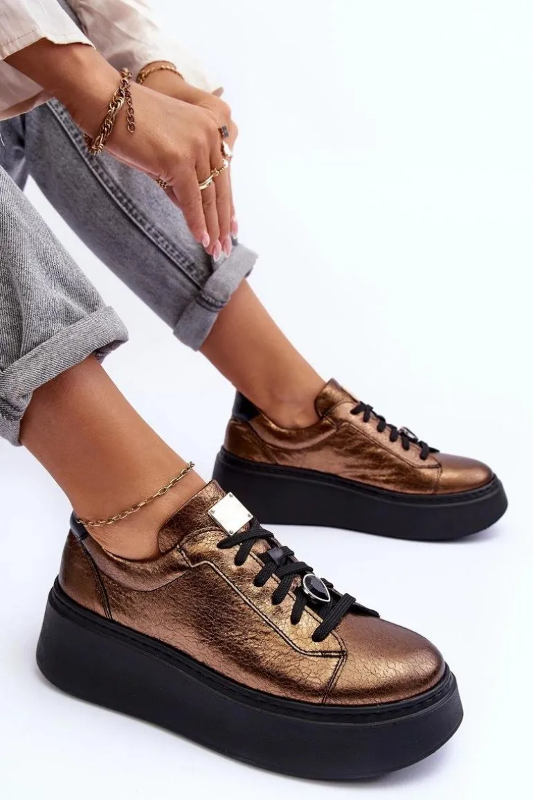 Skórzane Buty Sportowe Na Platformie Maciejka 06191-24 Miedziane