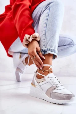 Skórzane Buty Sportowe Na Koturnie Biało-Szare Rayana