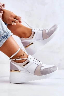 Skórzane Buty Sportowe Na Koturnie Biało-Szare Rayana