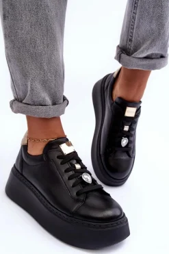 Skórzane Buty Sportowe Na Platformie Maciejka 06191-01 Czarne