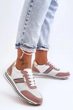 Skórzane Buty Sportowe S.Barski AL21575 Biało-Różowe