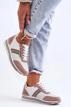 Skórzane Buty Sportowe S.Barski AL21575 Biało-Różowe