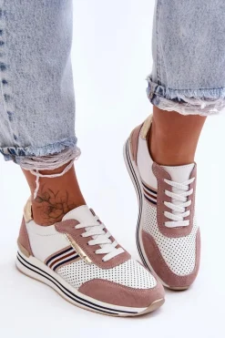 Skórzane Buty Sportowe S.Barski AL21575 Biało-Różowe