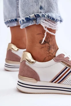 Skórzane Buty Sportowe S.Barski AL21575 Biało-Różowe