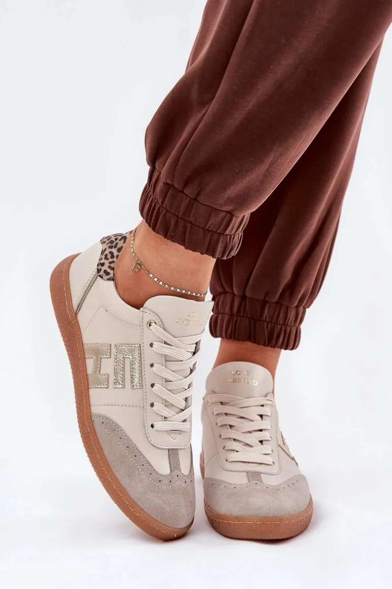 Skórzane Buty Sportowe Sneakersy Damskie Panterka CheBello 4640 Beżowe