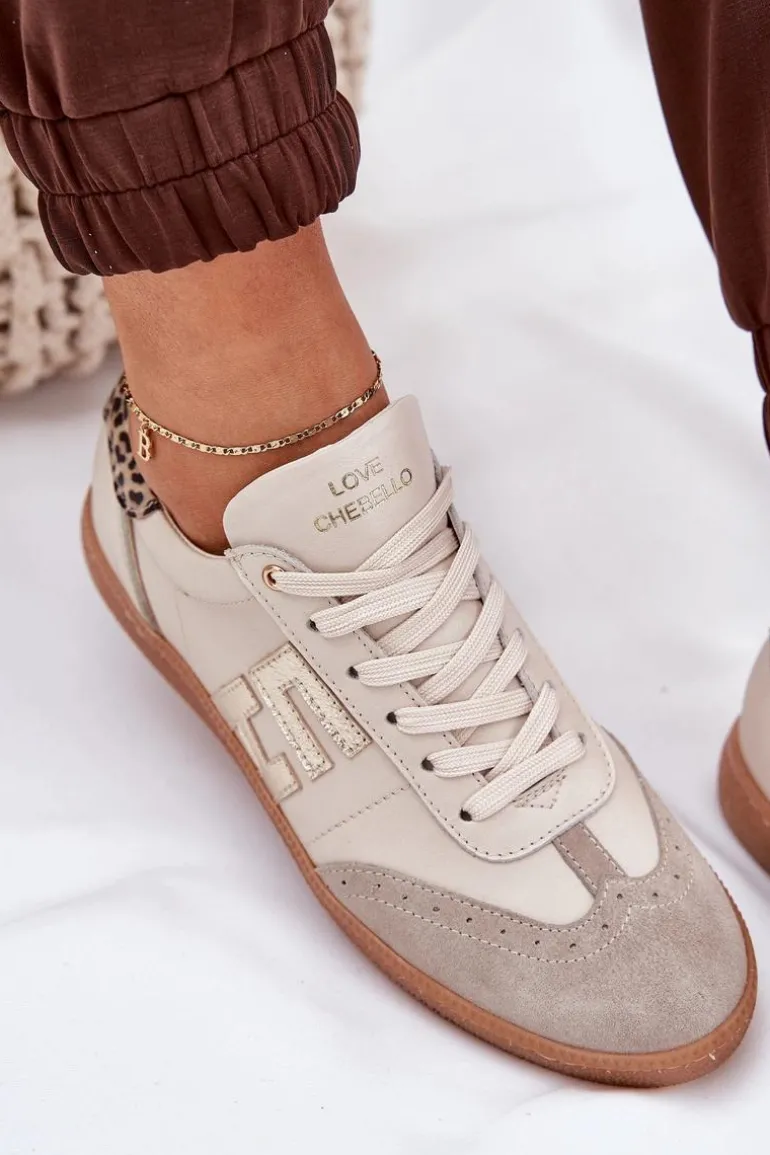 Skórzane Buty Sportowe Sneakersy Damskie Panterka CheBello 4640 Beżowe